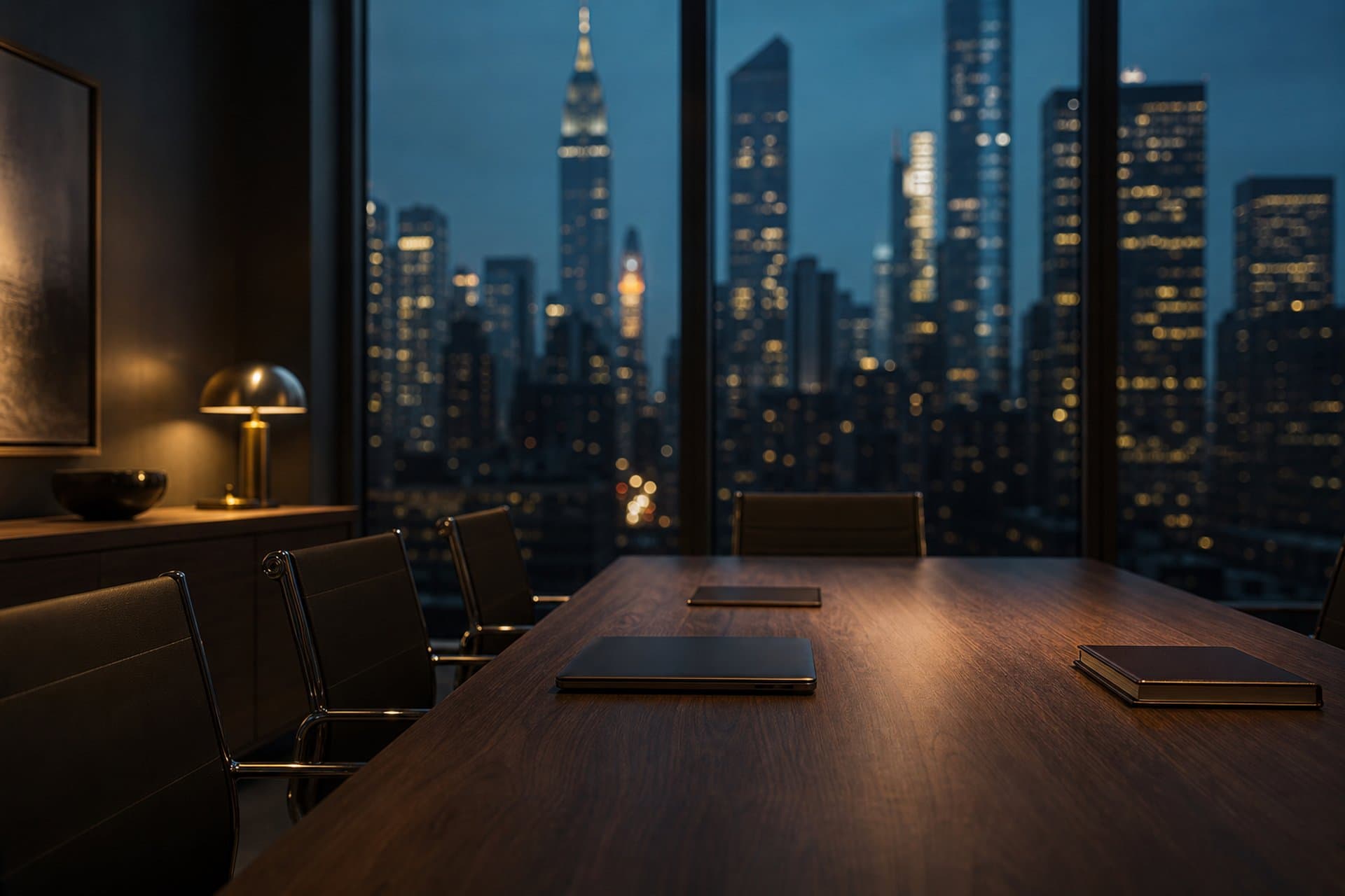 Modern New York loft office at dusk—long conference table, floor-to-ceiling windows, and soft city lights